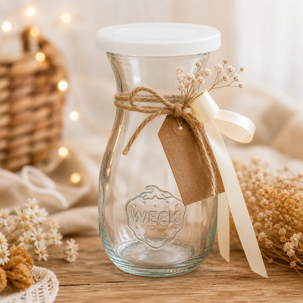 WECK 290ml sapfles decoratief gerangschikt met jute lint hanger en gedroogde bloemen op houten tafel met warm licht