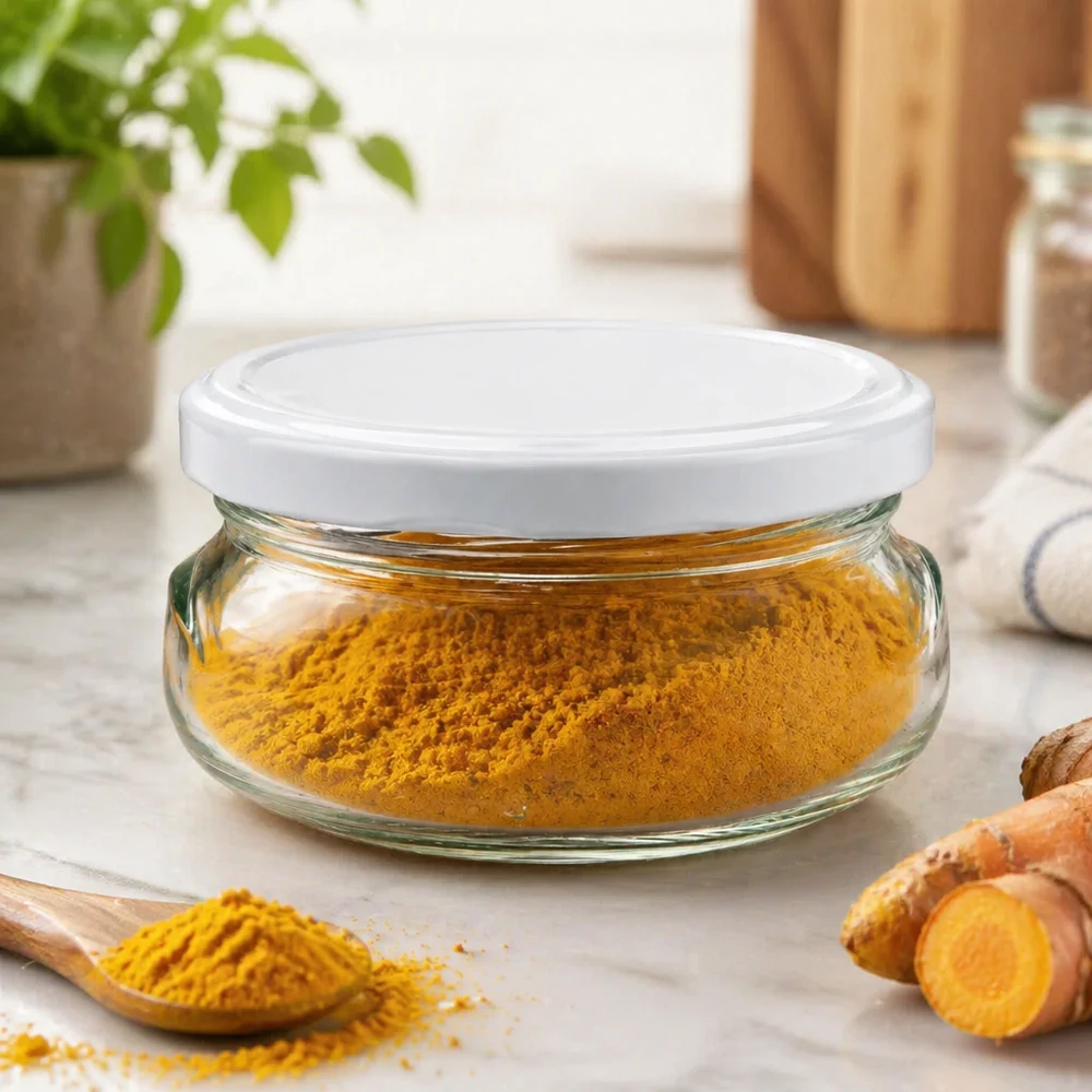 Terrine pot 120ml met wit deksel gevuld met kurkumapoeder in keukenomgeving met verse kurkumawortels