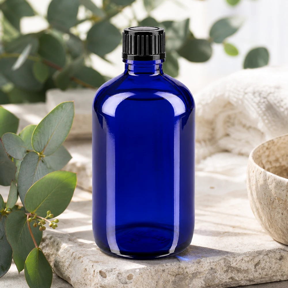 Blauwe glazen flessen 100ml met zwart schroefsluiting St Apothekersfles van 100 ml, blauw glas met zwarte dop van 11 mm, voor oliën en tincturen