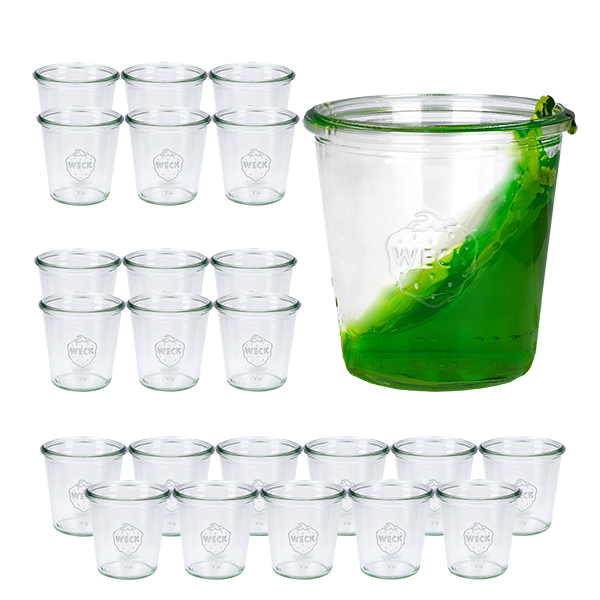 Set van 24 Weck bekers 290ml hoog, 1/5L glazen