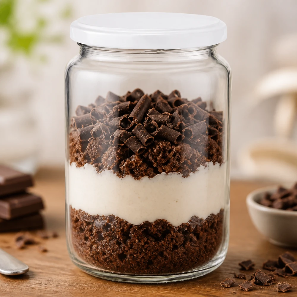 795 ml rond glas UNiTWIST gevuld met gelaagd chocoladedessert toont praktisch gebruik als dessertglas
