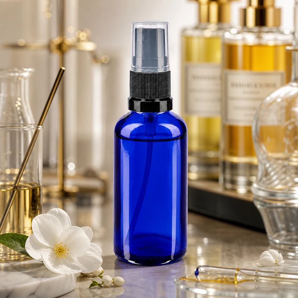 Blauw apothekersglas van 50 ml met zwarte, transparante verstuiver voor gezichtswater