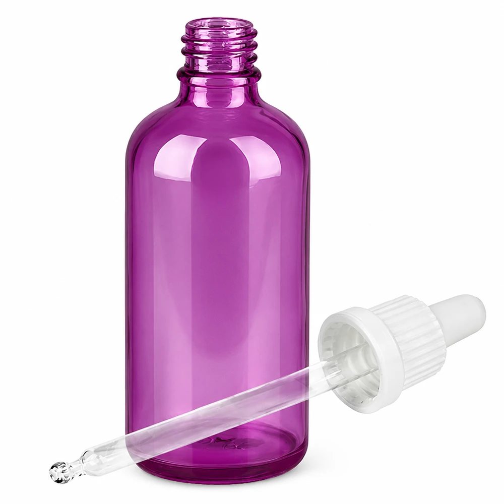 100ml pipetfles wit Originality schroefdop PurpleLine UT18/100 Ovale glazen fles 100ml in paars met witte pipet voor nauwkeurig aanbrengen