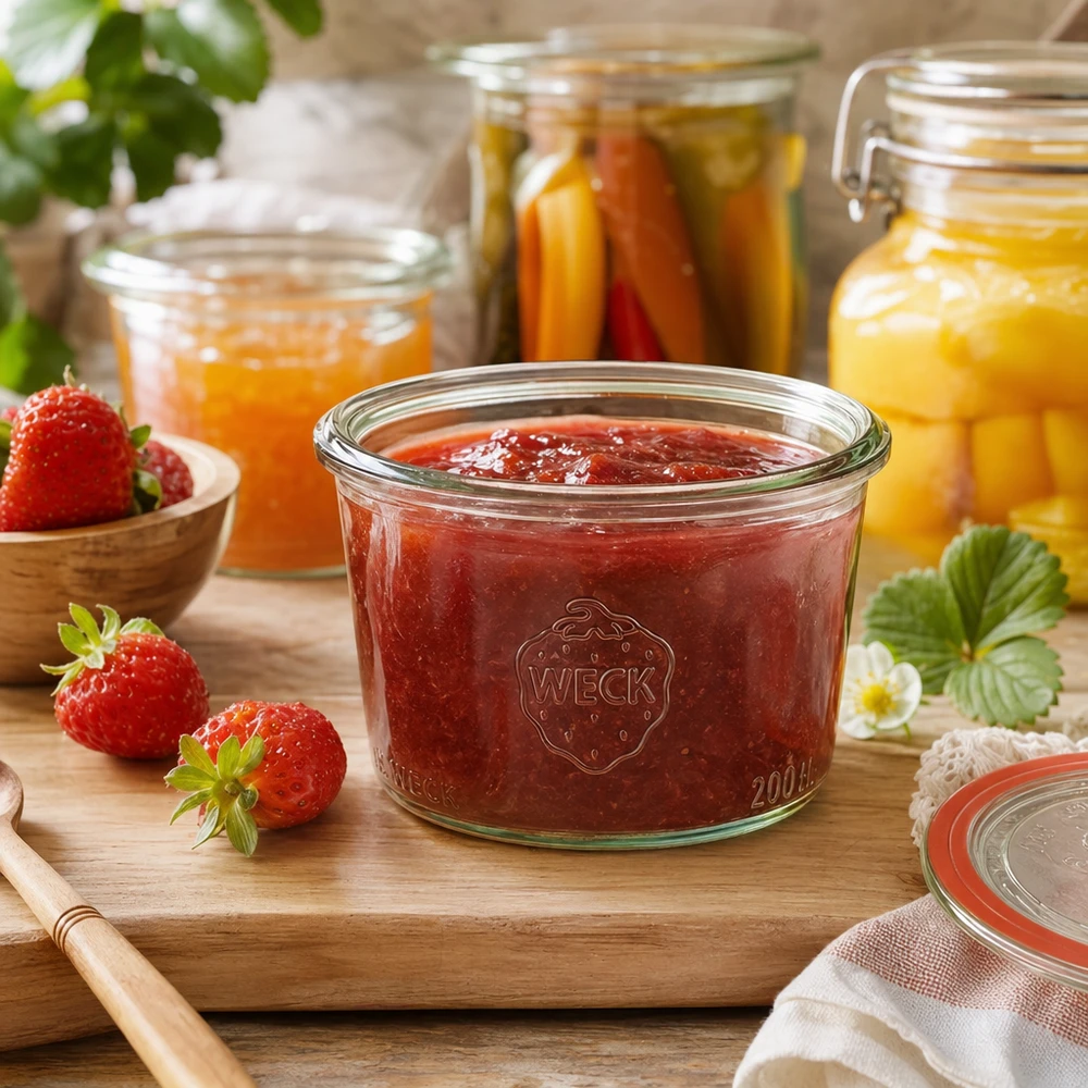 200 ml WECK RR80 mason jar gevuld met aardbeienjam op een houten plank naast verse aardbeien en inmaakpotten