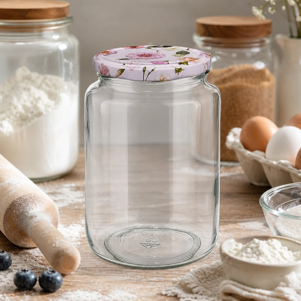 795ml ronde pot leeg op houten tafel keuken bakingrediënten bloem eieren BasicSeal deksel roze bloemen voorraadpot inmaakpot