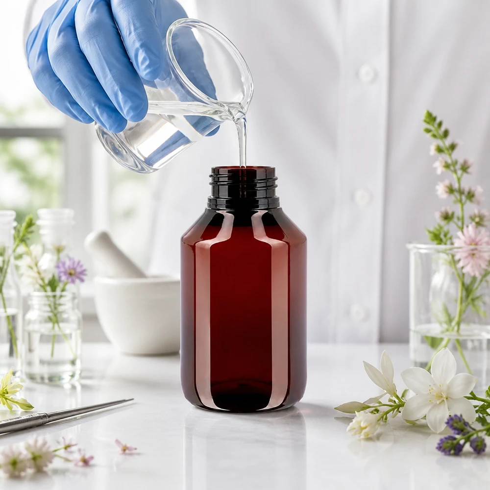 PET-flesje van 50 ml in apothekersbruin met rode ontgassingsdop voor natuurlijke extracten