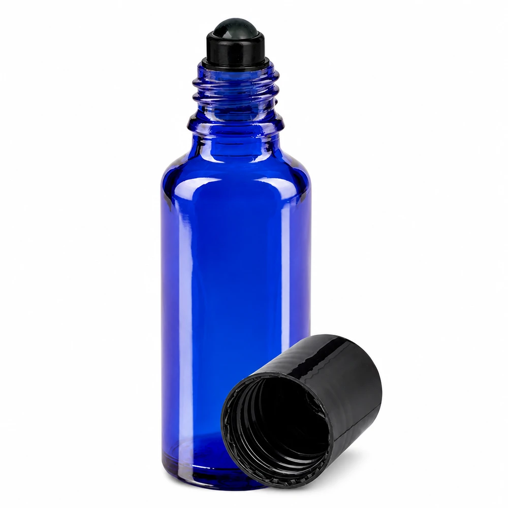 Hoogwaardige blauwe glazen fles van 30 ml met roll-on-bal en afneembare zwarte dop