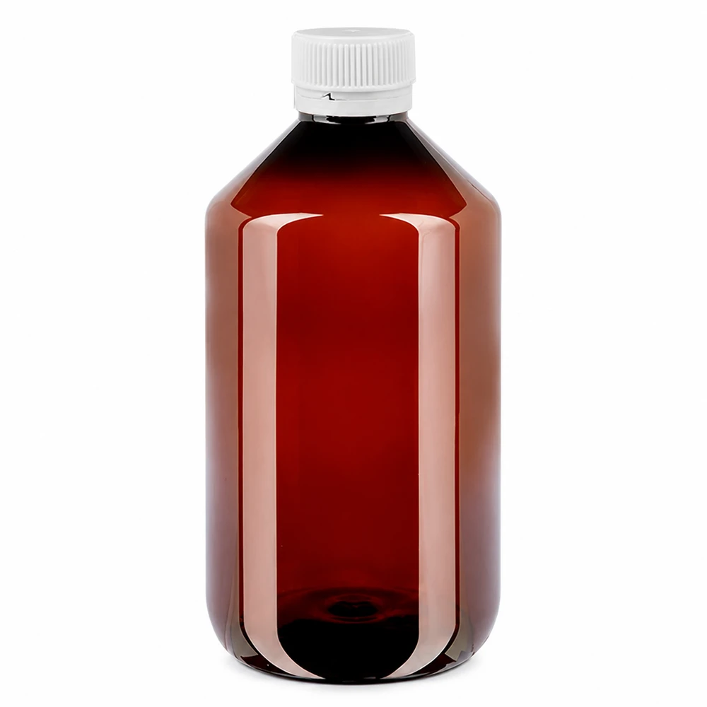 PET fles 500ml met witte verzegelde stop, geribbeld Doorzichtige bruine plastic fles van 500 ml met een witte, geribbelde veiligheidsdop