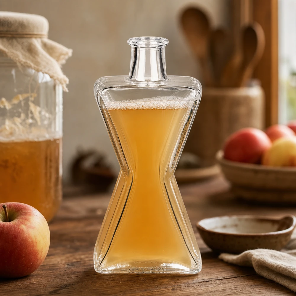 200ml Star glazen fles gevuld met appelsap in een rustieke keuken naast verse appels als sapfles