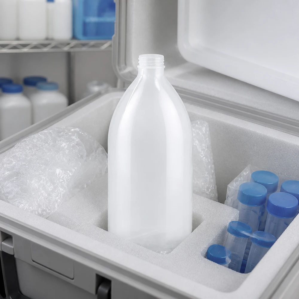 Laboratoriumfles van 1000 ml met smalle hals in een koudebestendige verpakking met blauwe Falcon-buisjes, direct leverbaar