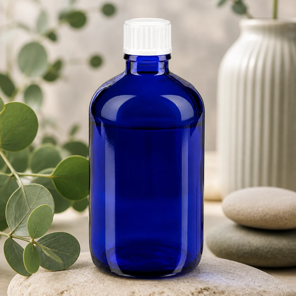 Blauwe glazen flessen 100ml met wit schroefsluiting globuli uitgietring St Medische blauwe glazen fles van 100 ml voor etherische oliën, tincturen en geneesmiddelen