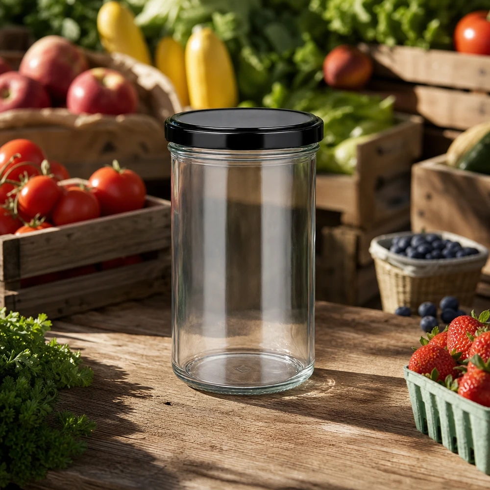 277ml mason jar met zwart deksel op houten tafel met tomaten aardbeien bosbessen jampot inmaakpot