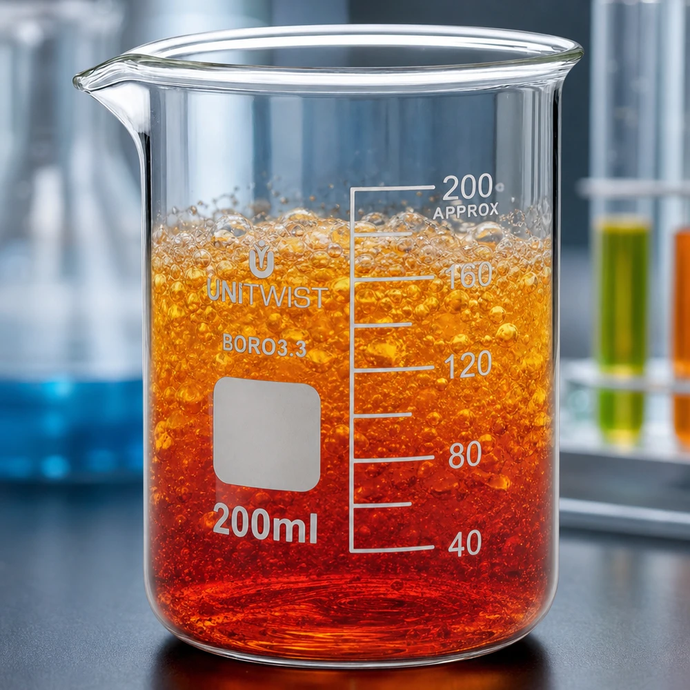 Beker 200ml borosilicaat, schimmelarm UNiTWIST UNiTWIST 200 ml borosilicaatglasbeker met reactieve vloeistof naast reageerbuisjes