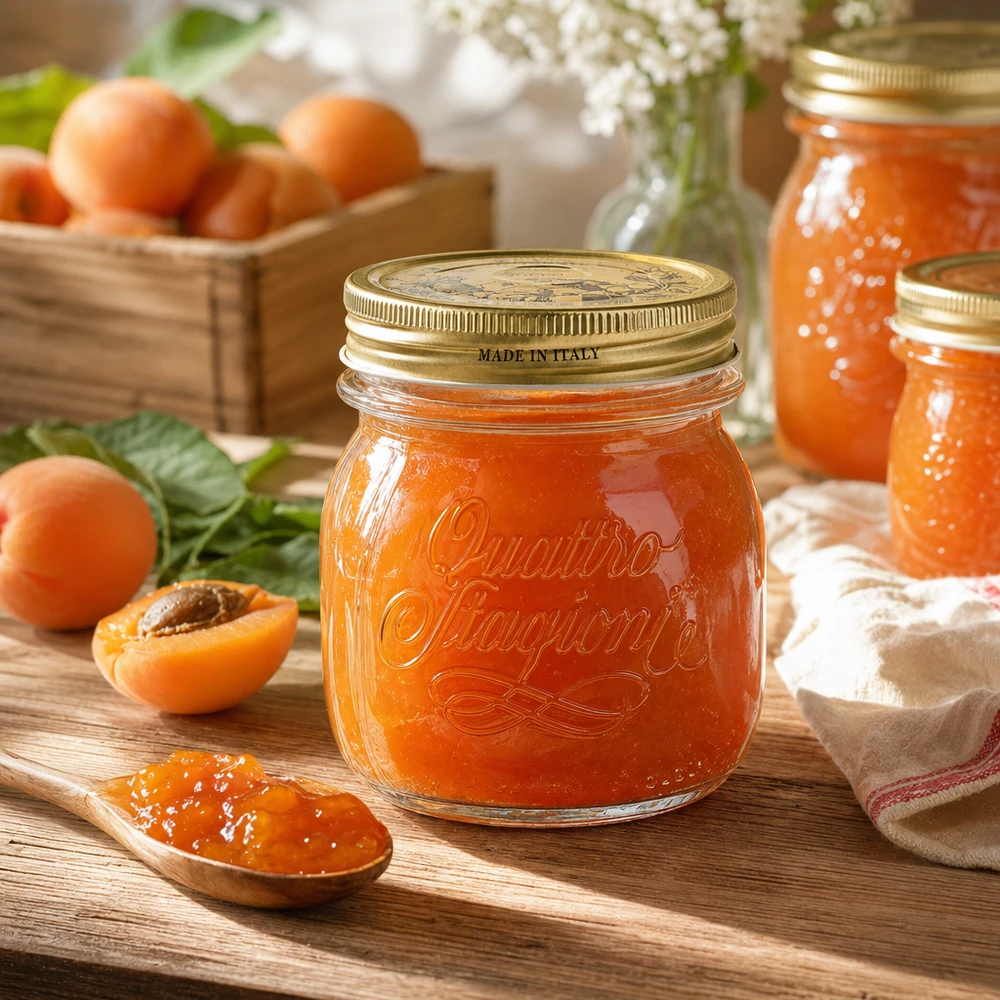 Quattro Stagioni ronde pot 250ml met schroefdeksel gevuld met abrikozenjam op een houten tafel met verse abrikozen