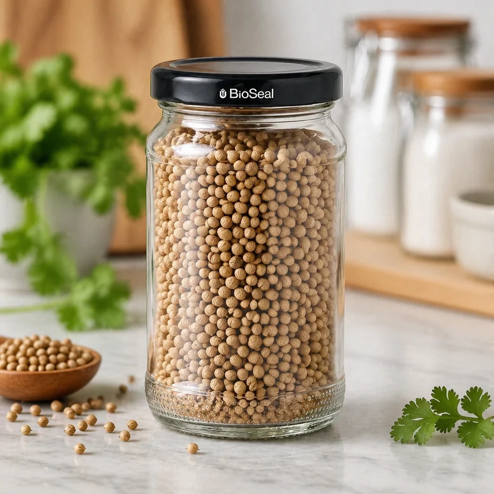 110ml rond glas met BioSeal deksel zwart UNiTWIST UNiTWIST Runda110 voorraadpot gevuld met korianderzaadjes en zwart TO48 BioSeal deksel in een moderne keuken