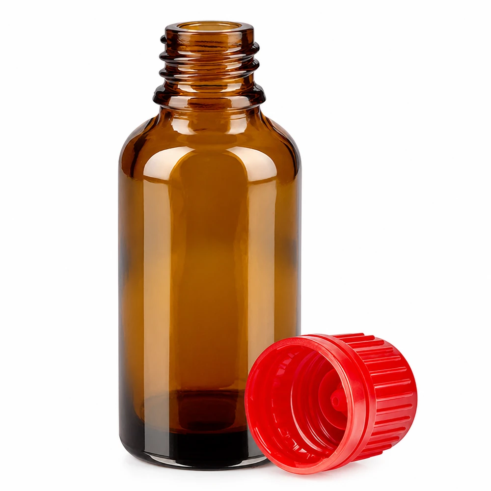 30ml fles 11mm SV rood OV BrownLine UT18/30 Handig bruin glazen flesje 30ml met rood deksel voor het veilig bewaren van vloeibare preparaten