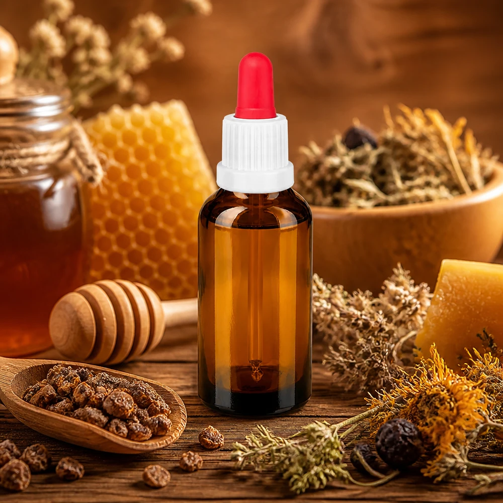 30ml pipetfles wit/rood OV BrownLine UT18/30 Apothekersfles 30ml van amberkleurig glas met witte druppeldop en rode pipetdop