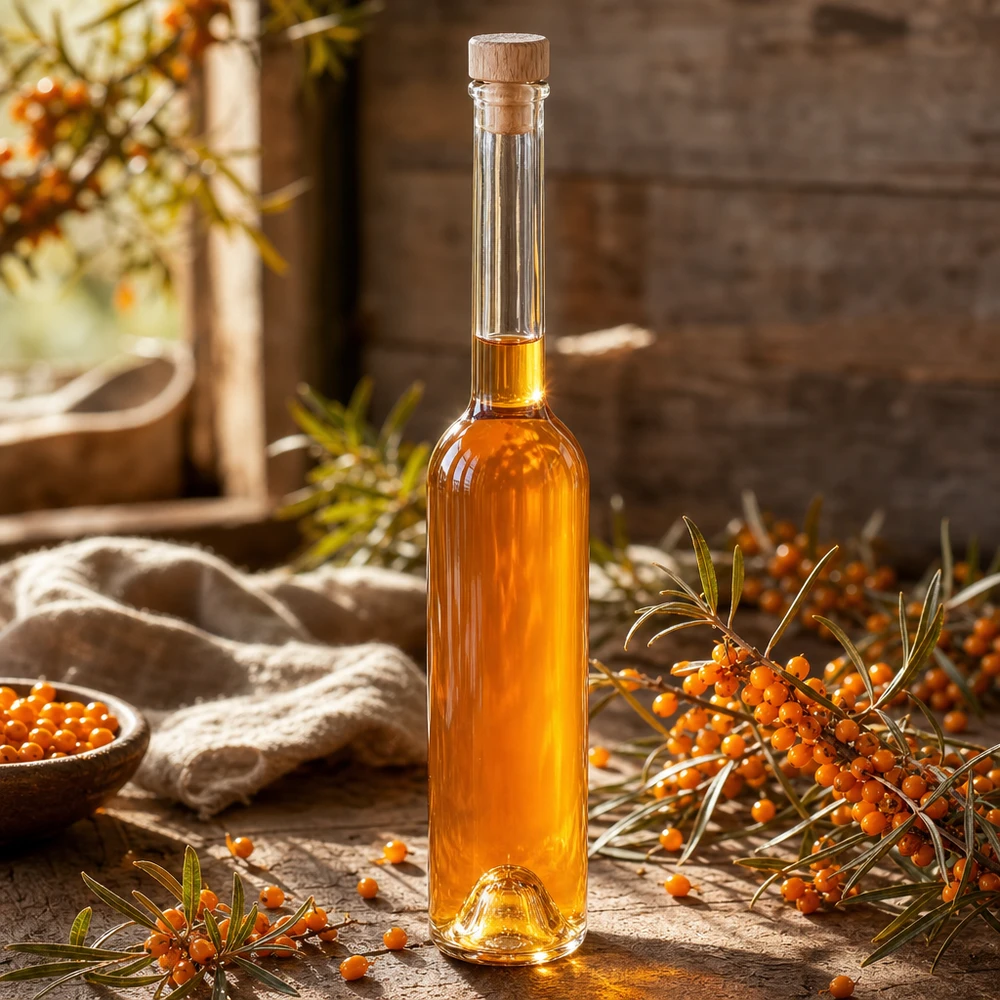 100 ml glazen fles Hugo met houten handgreepkurk UNiTWIST® 100 ml Hugo glazen flesje gevuld met duindoornolie in een herfstig decoratief tafereel met duindoorntakjes en bessen
