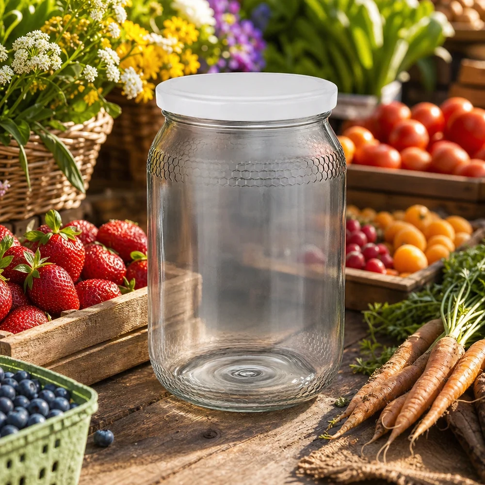 Lege 900ml honingpot met wit BasicSeal deksel tussen vers fruit en groenten toont natuurlijk gebruik