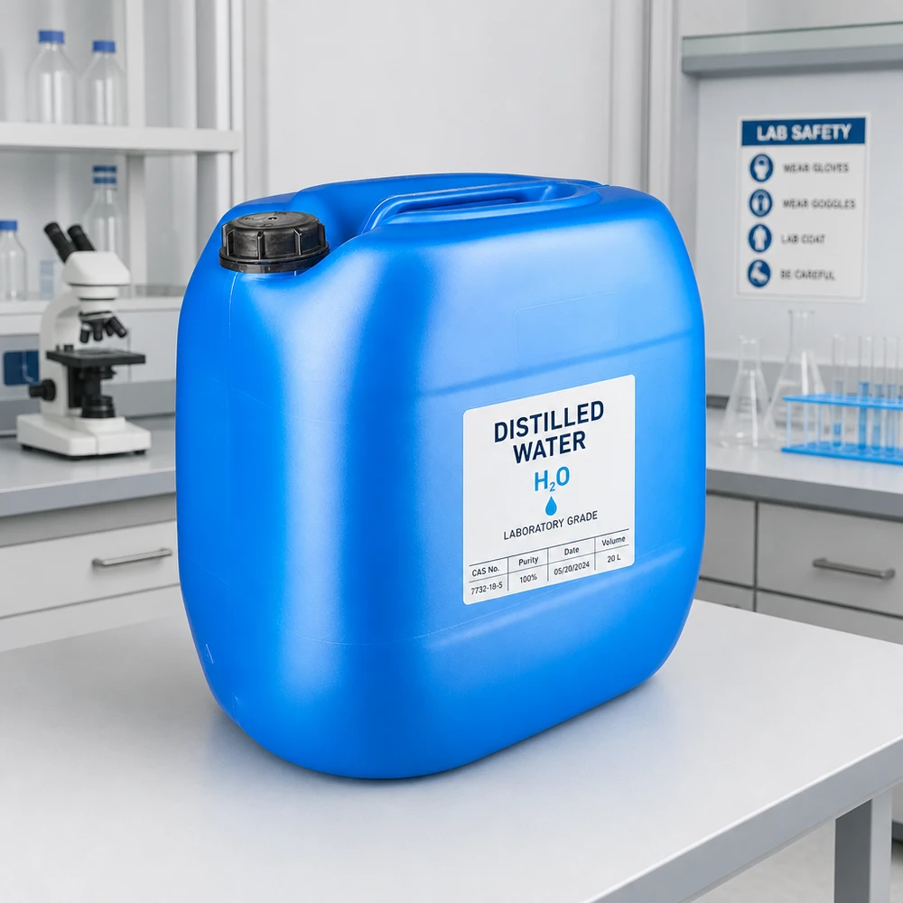 Blauwe jerrycan van 30 liter met zwarte OV-deksel, ideaal voor chemicaliën en gedestilleerd water