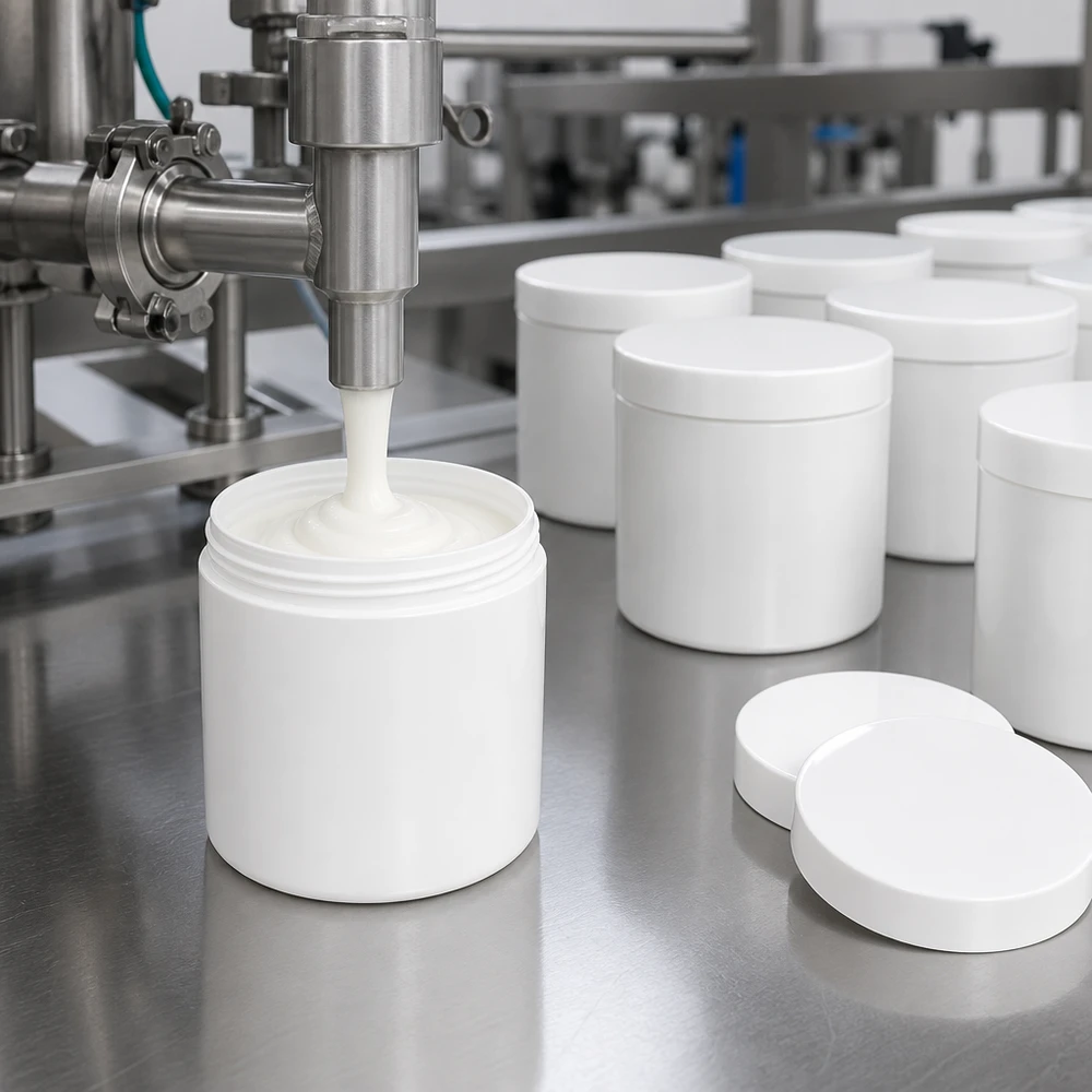 Productielijn voor witte PP-potjes van 50 g met afneembare schroefdop, bestemd voor het afvullen met crème