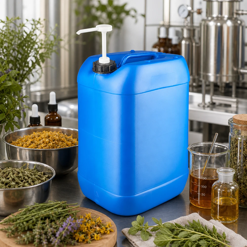 Blauwe voorraadbus van 25 liter met doseerpomp in de kruidenfabriek, naast een maatbeker en tincturen
