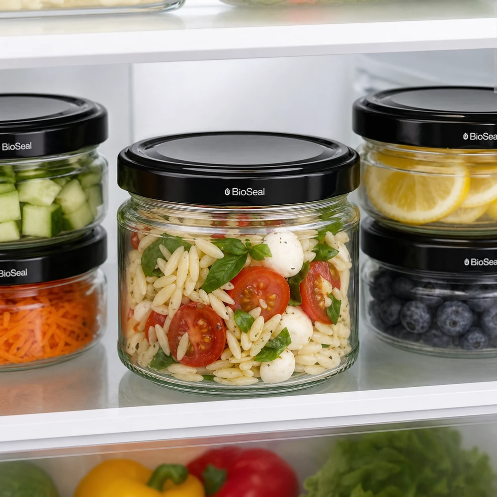 330ml rond glas met BioSeal deksel zwart UNiTWIST UniTWIST Runda330 potten met zwarte TO82 BioSeal deksels voor het bewaren van salade en voedsel in de koelkast