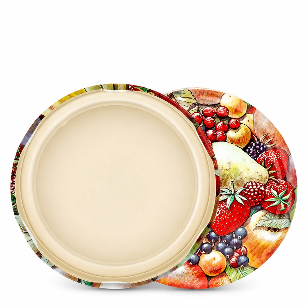 82 mm BasicSeal-deksel met fruitmotief (TO82) UNiTWIST Rond formaat 82 mm BasicSeal-inmaakdeksel met fruitmotief, kleurrijk fruit, twist-off TO82
