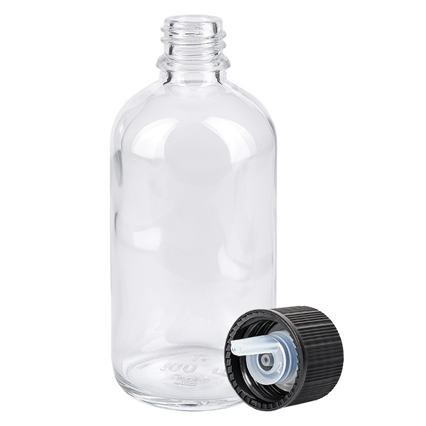 100ml druppelfles 1mm zwart STD ClearLine UT18/100 ClearLine-druppelfles van 100 ml, van helder glas met een zwarte druppeldop en een opening van 1 mm