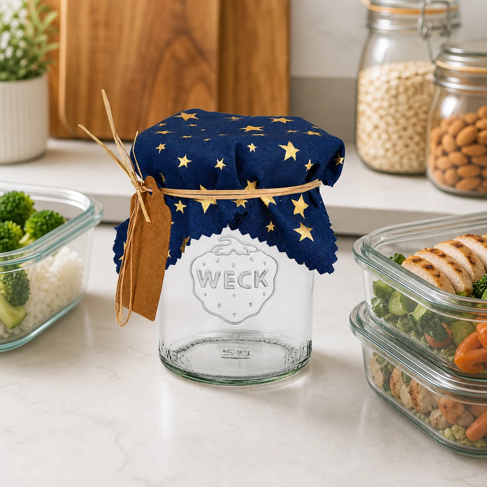 Blauwe sterdoek 12cm op WECK pot in moderne keuken met maaltijdkommen en voorraadpotten