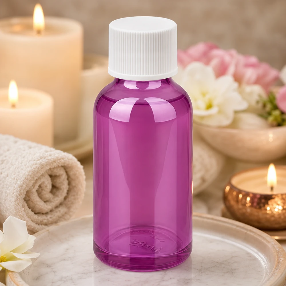 30ml fles 11mm schroefdop wit standaard PurpleLine UT18/30 Elegante paarse glazen fles van 30 ml met witte schroefdop voor hoogwaardige cosmetische producten