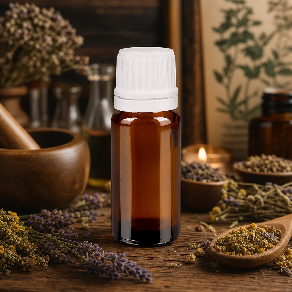 Bruine glazen fles 10ml met wit schroefsluiting VR Lichtbeschermingsflesje van 10 ml voor etherische oliën, kruidenextracten en homeopathische middelen