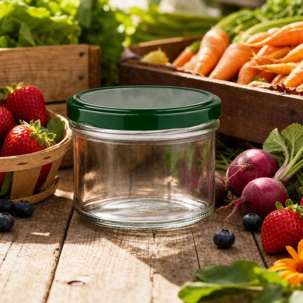 225ml bekers met BasicSeal deksel groen UNiTWIST Inmaakpot van 225 ml met groen deksel, gerangschikt tussen vers fruit en groenten op een rustieke houten tafel