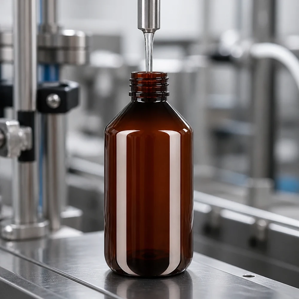 Lichtondoorlatende bruine PET-fles van 500 ml in een farmaceutische productiefaciliteit