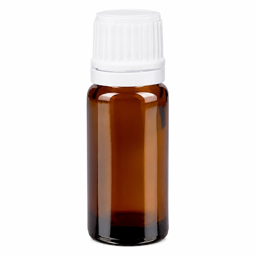 Bruin apothekersflesje van 10 ml met UV-bescherming en witte veiligheidsdop met schroefdraad van 11 mm