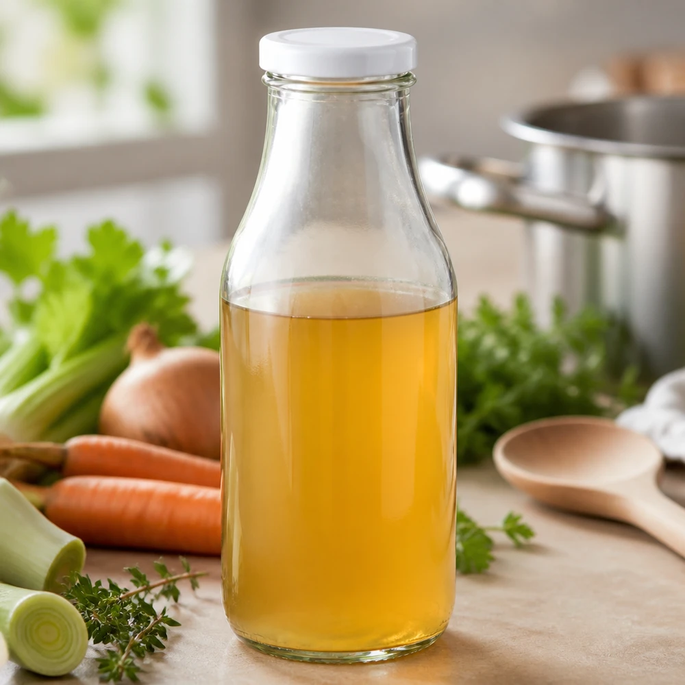 Glazen fles van 330 ml + BasicSeal-deksel, wit, UNiTWIST Zelfgemaakte bouillon, hygiënisch verpakt in een UNiTWIST-glazen fles van 330 ml met BasicSeal-sluiting