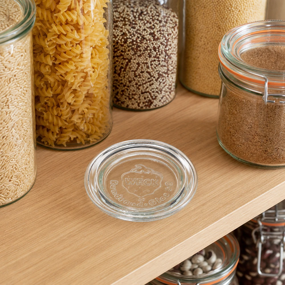 WECK glazen deksel RR60 op een houten plank tussen voorraadpotten met pasta quinoa en kruiden in een moderne keuken