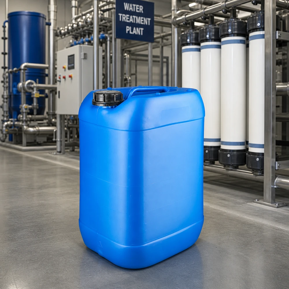 Blauwe jerrycan van 25 liter met schroefdop voor de opslag van chemicaliën voor waterbehandeling