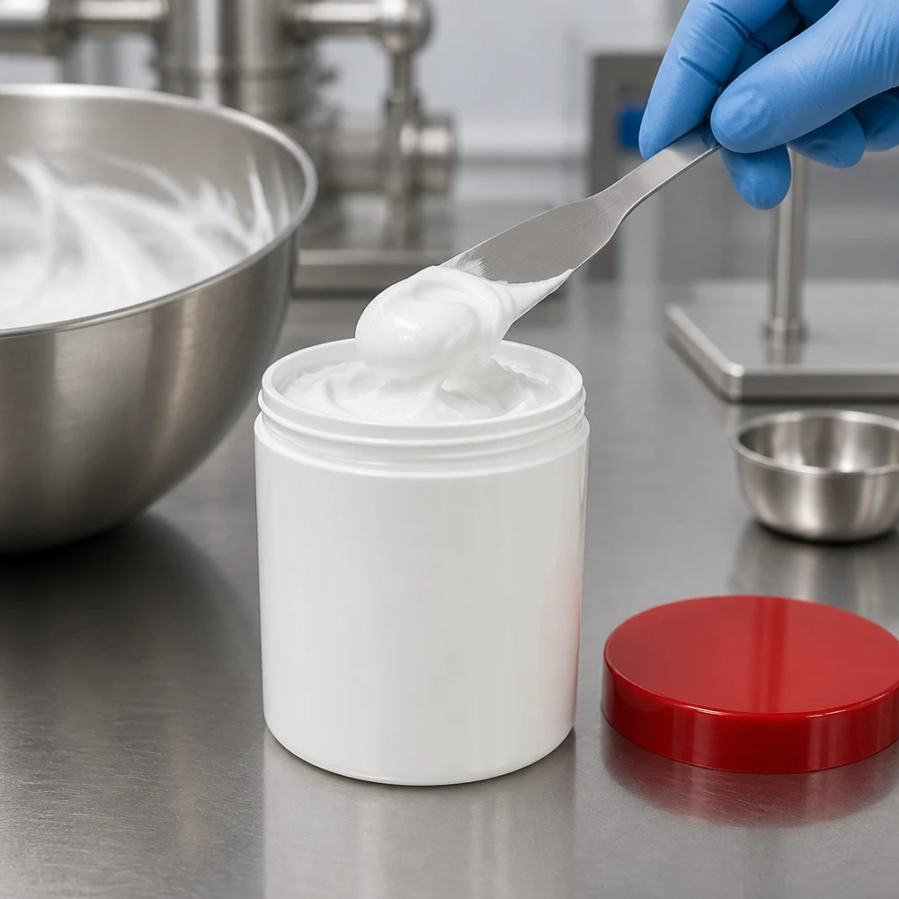 Zalfpot 200 g wit met rood schroefdeksel (PP) Handzame zalfpot van 200 g, witte kunststof verpakking met rode schroefdop, laboratoriumkwaliteit