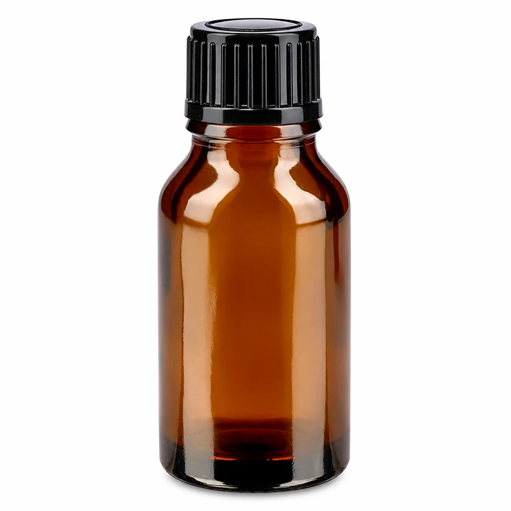Bruine glazen fles 15ml met zwart schroefsluiting Bruinglasflesje van 15 ml met UV-bescherming en een zwarte kunststof schroefdop