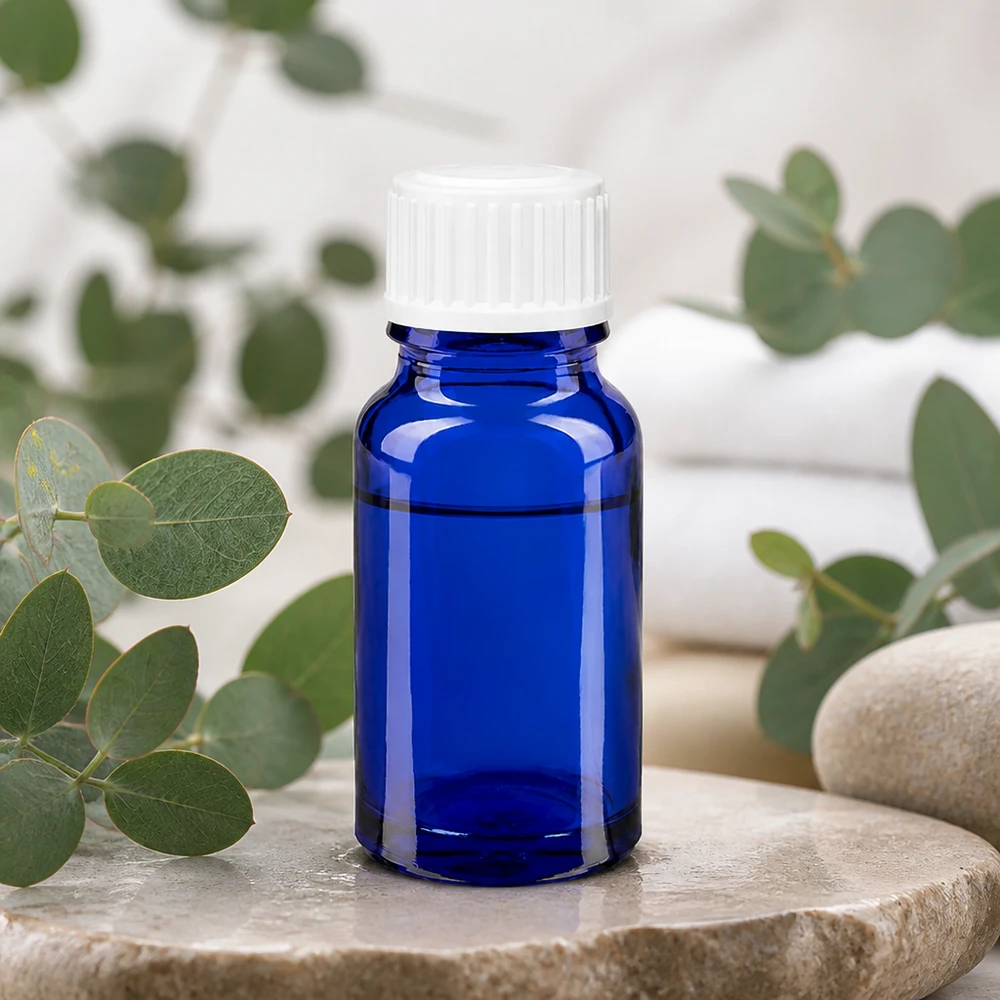 Blauwe glazen flessen 10ml met wit sluiting Kleine blauwe apothekersfles van 10 ml, gemaakt van borosilicaatglas, met een witte standaarddop van 11 mm