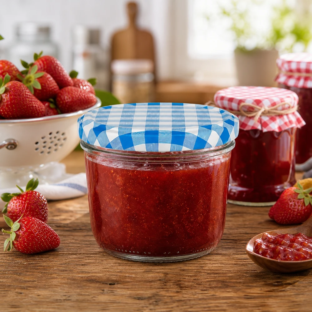 230ml bekers met BasicSeal deksel blauw UNiTWIST 230ml mason jar met blauw en wit BasicSeal deksel gevuld met aardbeienjam in een rustieke keukenscène
