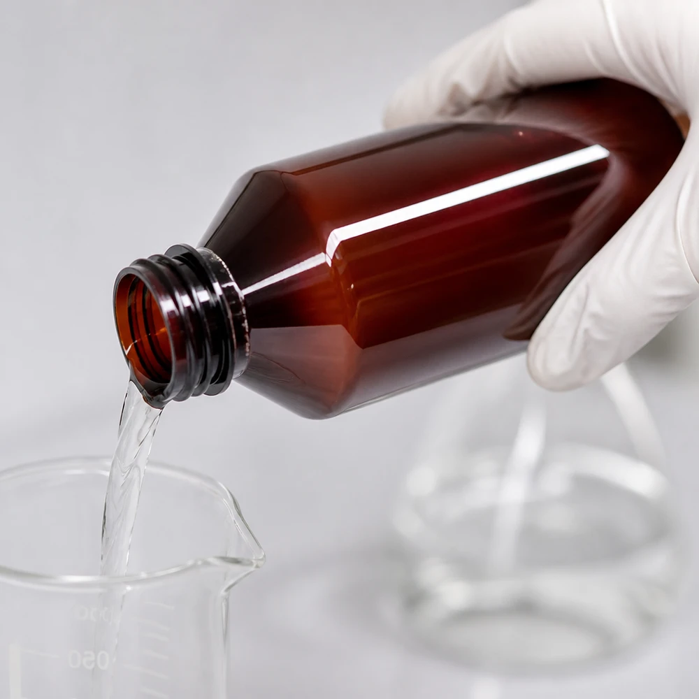 50 ml PET medicijnfles met verstuiver zwart GCMI 28/410 incl. dop transparant, standaard Bruine PET-fles van 1000 ml met groene originele dop voor het veilig doseren van vloeibare stoffen