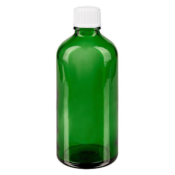 Groenen glazen flessen 100ml met wit schroefsluiting St Groenen glazen flessen 100ml met wit schroefsluiting St