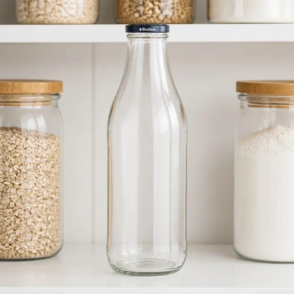 1000ml glazen fles BioSeal deksel zwart keukenplank opslag granen havermout zero waste