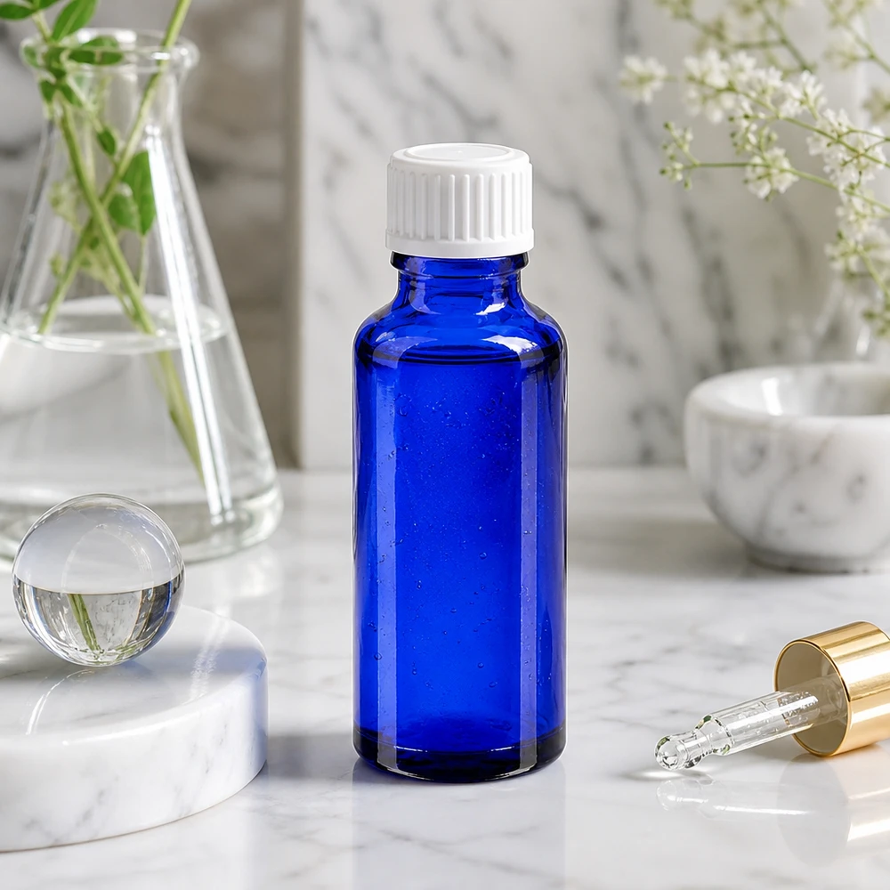 Kleine blauwe glazen fles van 30 ml met een kindveilige witte dop in een elegante laboratoriumomgeving