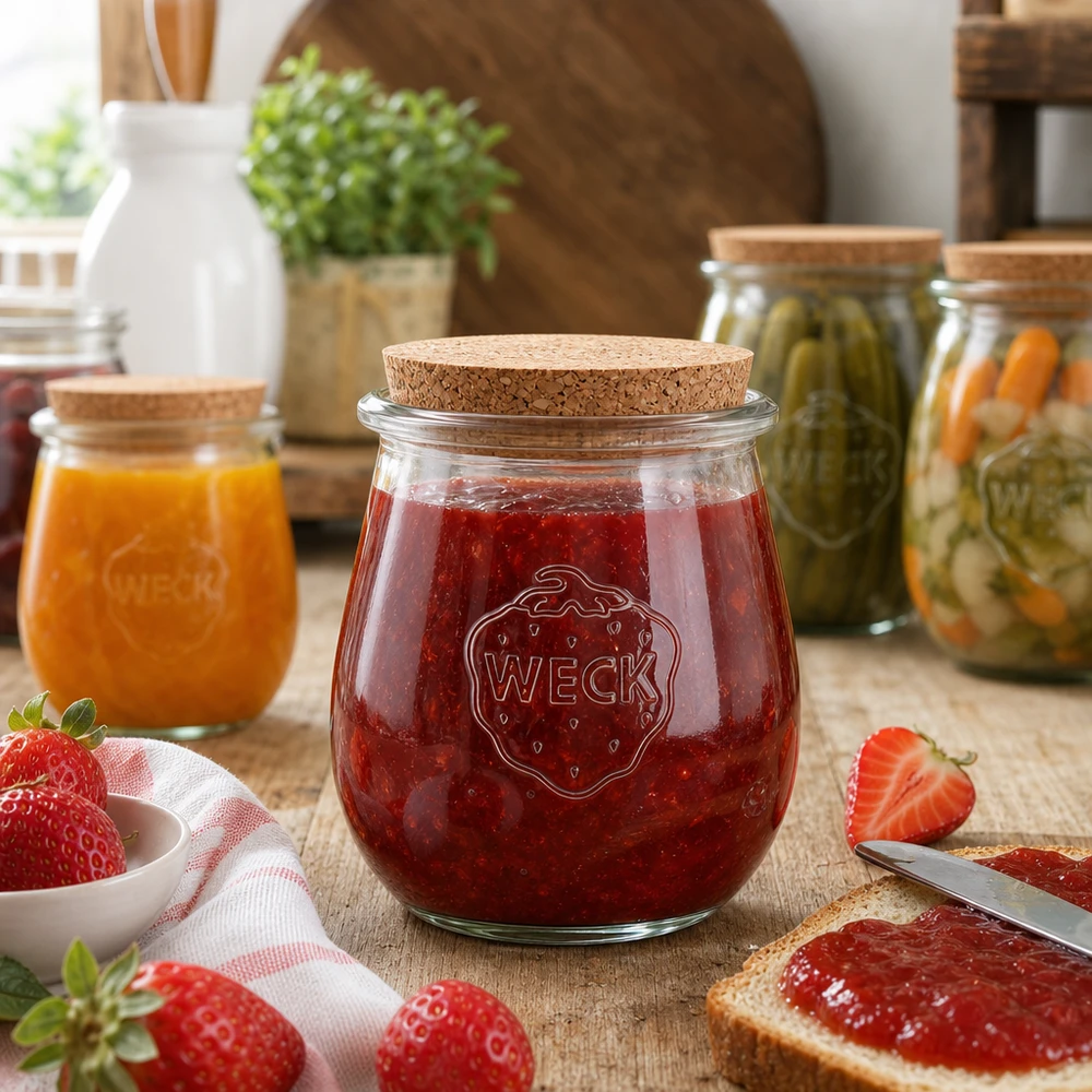 WECK tulpenpot met kurk gevuld met aardbeienjam in een gezellige keukensetting met vers fruit