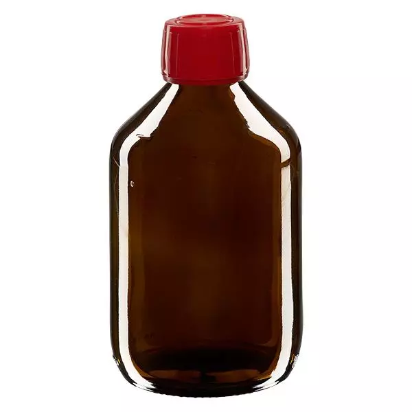 300ml Euro-medicijnfles bruin met rode schroefsluiting VR 300ml Euro-medicijnfles bruin met rode schroefsluiting VR