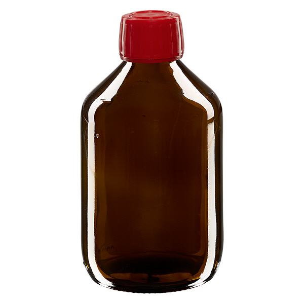 300ml Euro-medicijnfles bruin met rode schroefsluiting VR 300ml Euro-medicijnfles bruin met rode schroefsluiting VR