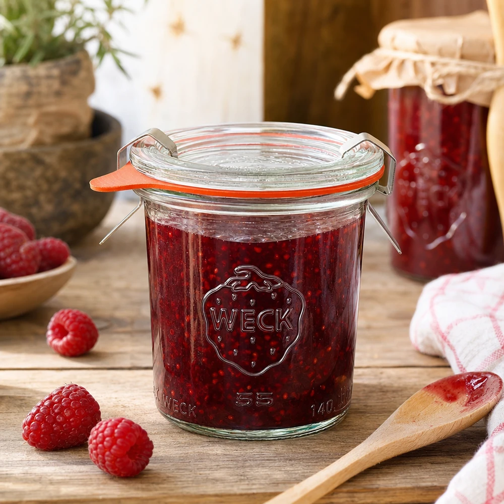 WECK inmaakpot 140ml RR60 gevuld met frambozenjam in rustieke keuken met verse bessen en houten lepel